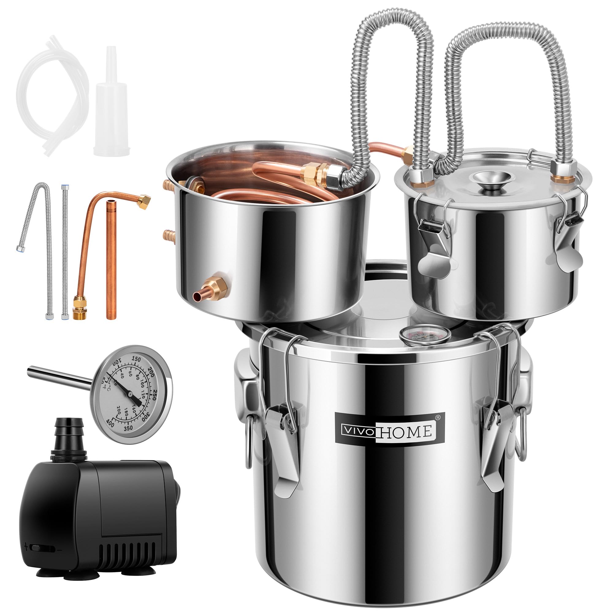 VIVOHOME 8 Gallon Alcohol Still Kit with 3 Stainless Steel Pots, Built-in Thermometer & Water Pump - Perfect for Home Brewing Whiskey, Wine, Brandy, Bourbon & Essential Oils | DIY Distilling for Beginners & Enthusiasts | Great for Home Bars, Craft Brewing & Aromatherapy