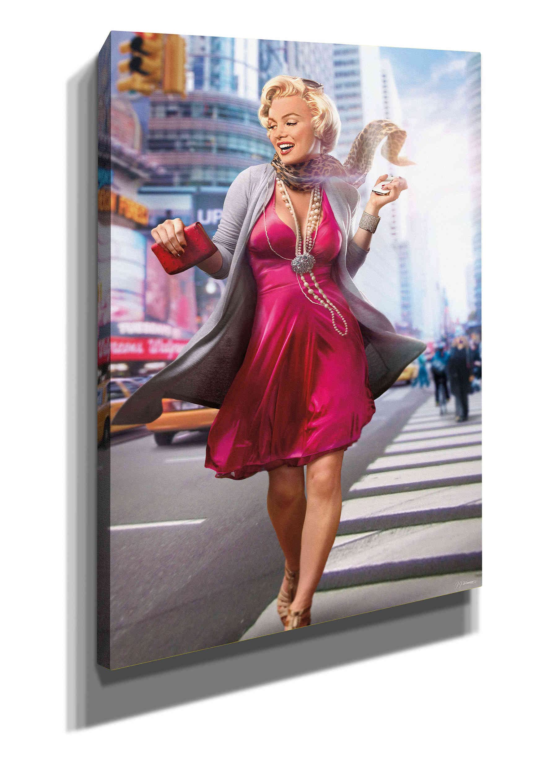 JJ Brando 'Marilyn in The City' Pink Giclee Canvas Wall Art Print - 26x40 Inches Modern Home Decor for Living Room, Bedroom & Office