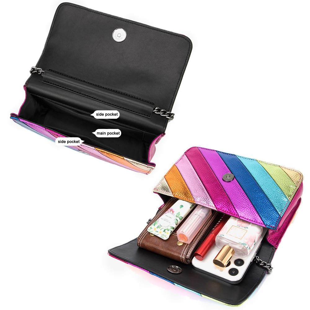 Rejolly Women's Rainbow Stripe Crossbody Shoulder Bag - Color Block PU Leather Purse with Adjustable Chain Strap | Fashionable Accessory for Casual Outings, Travel & Daily Use
