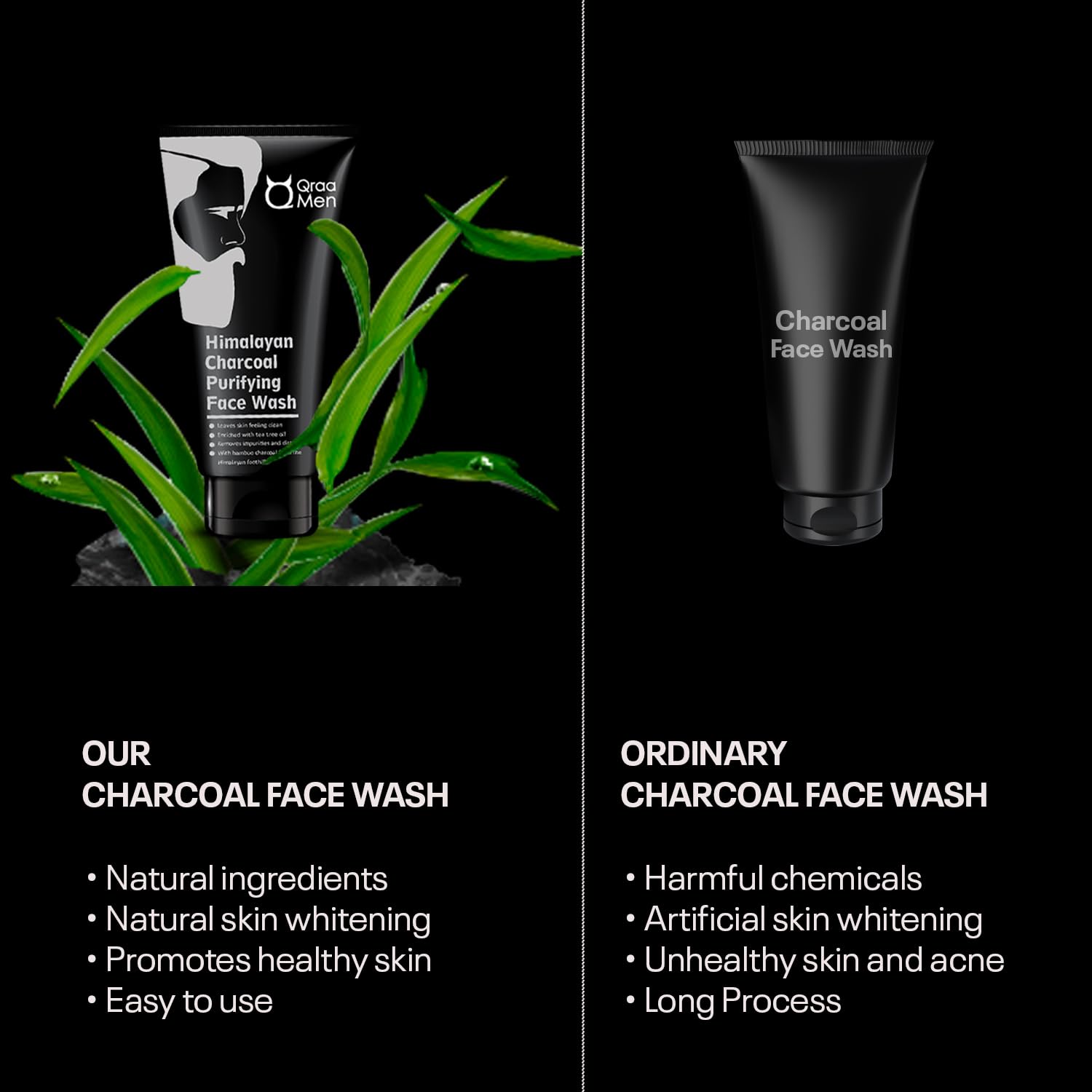 Qraa Men's Himalayan Charcoal Purifying Face Wash - Deep Cleansing & Skin Brightening Formula for Men | 100g | Acne Treatment & Blackhead Removal for Oily & Combination Skin | Daily Skincare Routine
