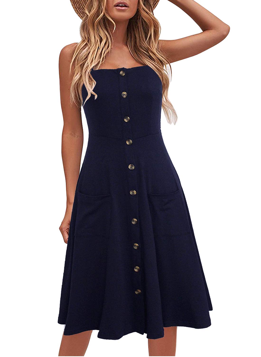 Berydress Women's Summer Casual Beach Dress - Flattering A-Line Spaghetti Strap Button Down Black Midi Dress with Pockets | Perfect for Vacation, Pool Party & Boho Outfit