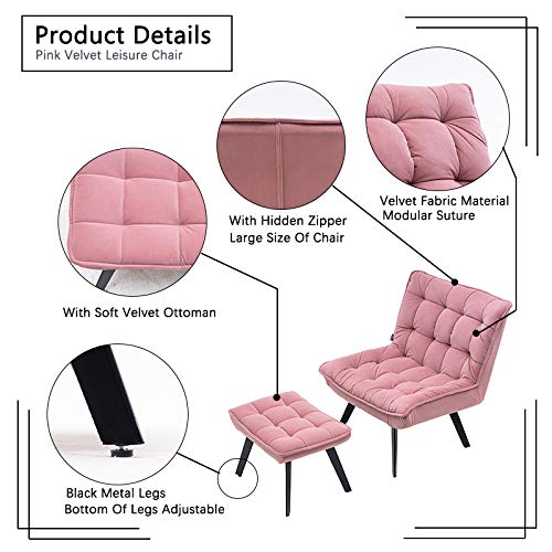 RUNNA Modern Soft Velvet Accent Chair with Ottoman - Pink Living Room Chair, Bedroom Lounge Chair with Black Legs for Home Decor | Perfect for TV Watching, Reading & Relaxing
