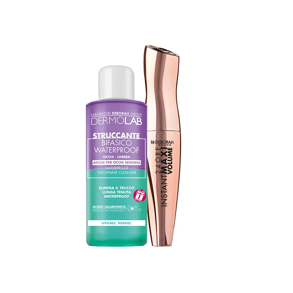 Deborah Milano 24H Instant Maxi Volume Black Mascara 12ml + Dermolab Gentle Biphase Makeup Remover 50ml for Waterproof Eye & Lip Makeup - Perfect for Travel & Daily Beauty Routine
