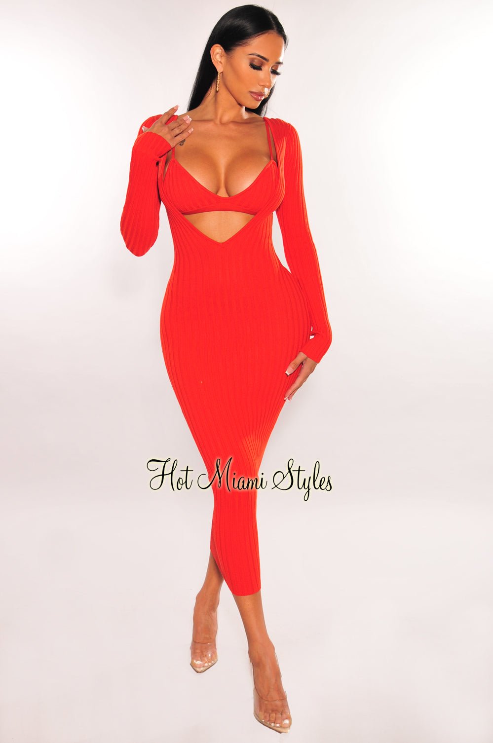 Elegant Burnt Orange Ribbed Knit Plunge Neck Long Sleeve Midi Dress with Bralette Set - Perfect for Fall Weddings, Date Nights and Holiday Parties