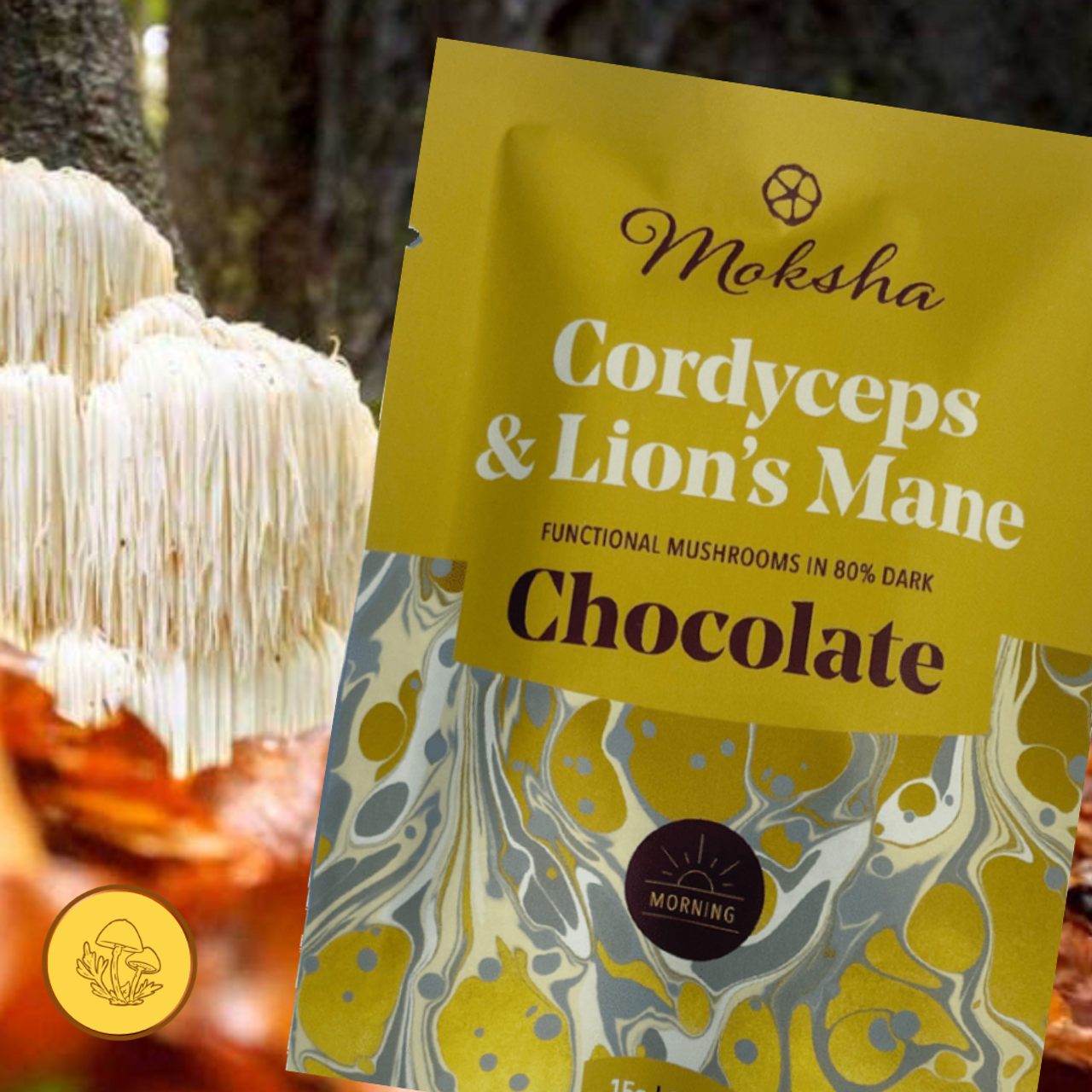 Organic Moksha Cordyceps & Lion's Mane Dark Chocolate Bar 80% Cocoa - Immune Support & Brain Boost Supplement - Perfect for Meditation, Yoga & Healthy Snacking
