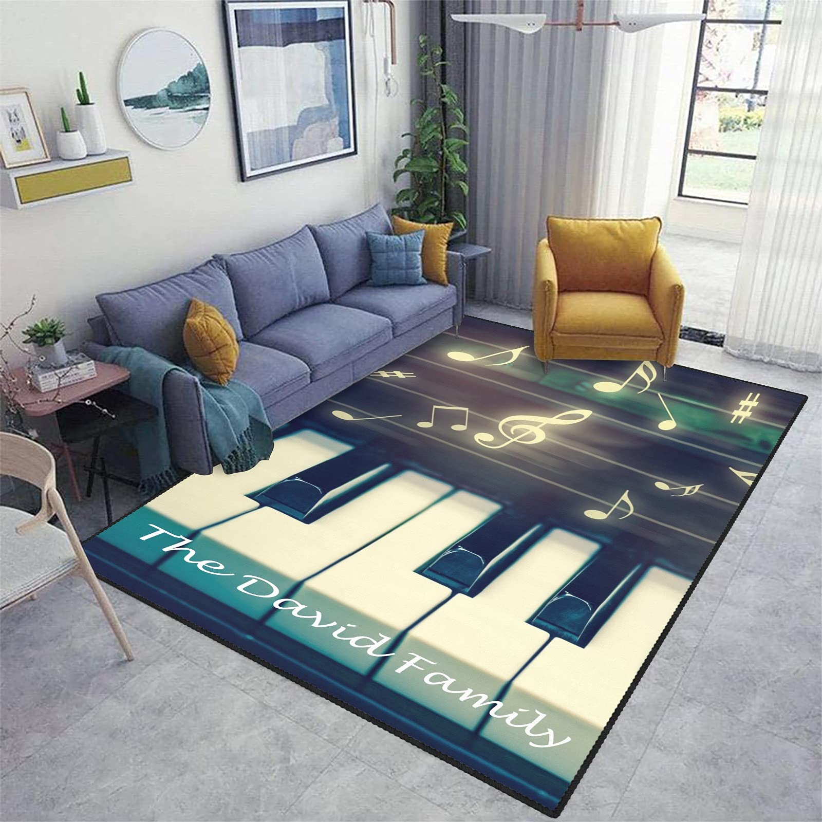 Custom Music Note Piano Area Rug - Personalized Non-Slip Carpet for Yoga, Living Room, Bedroom, Kids Playroom & Camping | 5.2'x7.5' Premium Soft Rug - Perfect for Music Lovers, Home Decor & Cozy Spaces