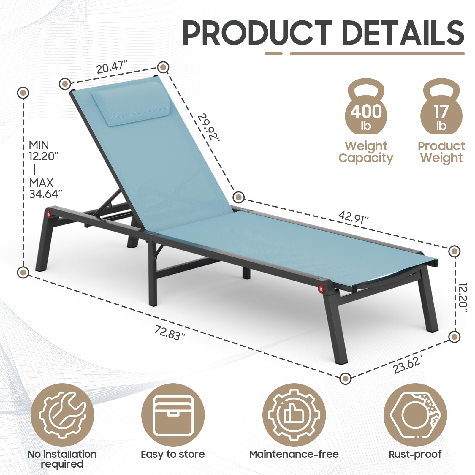 WOAJN 2-Pack Aluminum Patio Chaise Lounge Chairs - 5-Position Adjustable Backrest, Foldable Outdoor Poolside Chairs for Deck, Beach, Lawn & Backyard - Lightweight & Durable (Blue) | Perfect for Sunbathing, Relaxing by the Pool or Beach Vacation