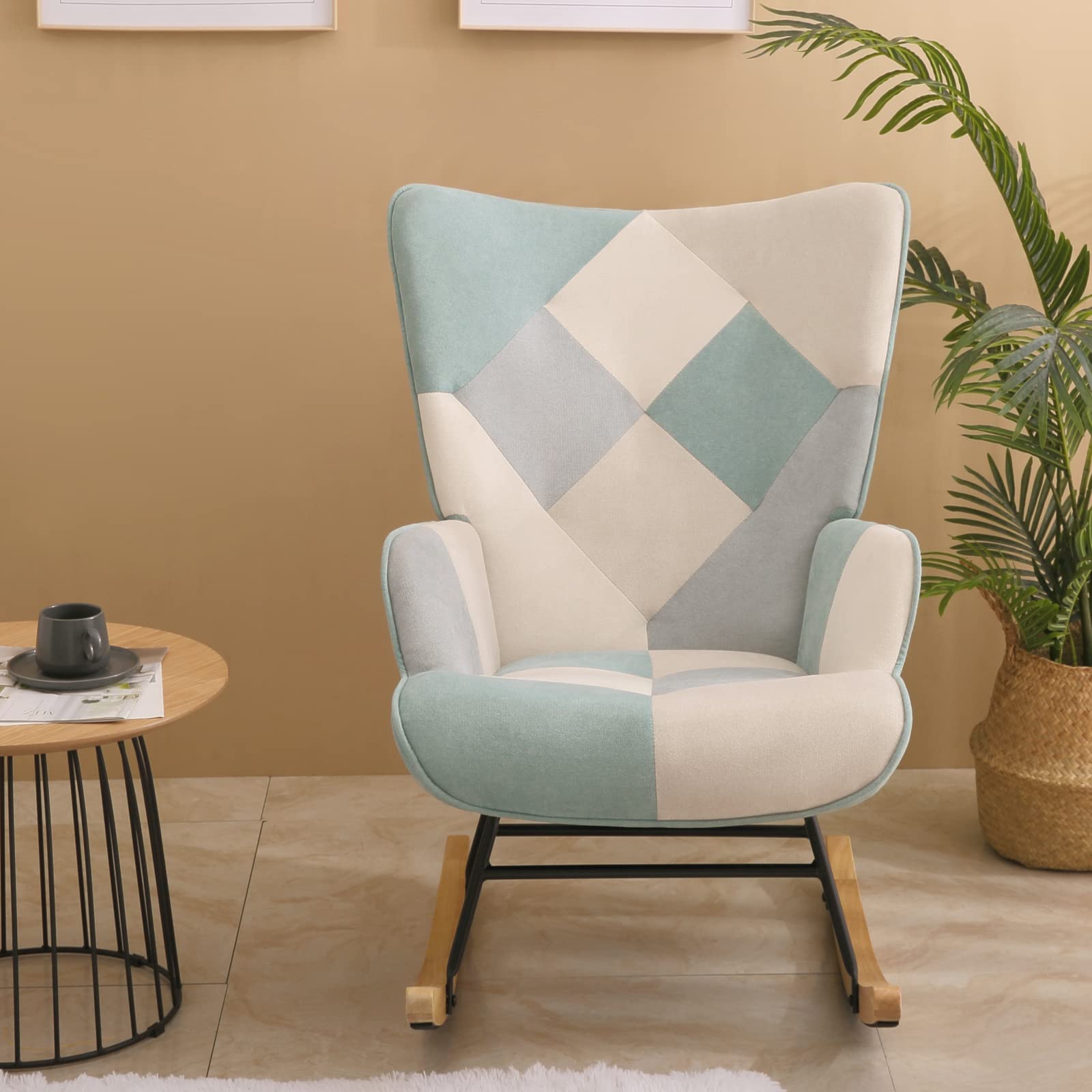 HomVent Upholstered Rocking Chair - Mid Century Modern Fabric Rocker with Tall Back & Wood Base | Comfortable Nursery Chair & Accent Armchair for Adults & Kids | Perfect for Living Room, Bedroom, Nursery & Relaxation Spaces
