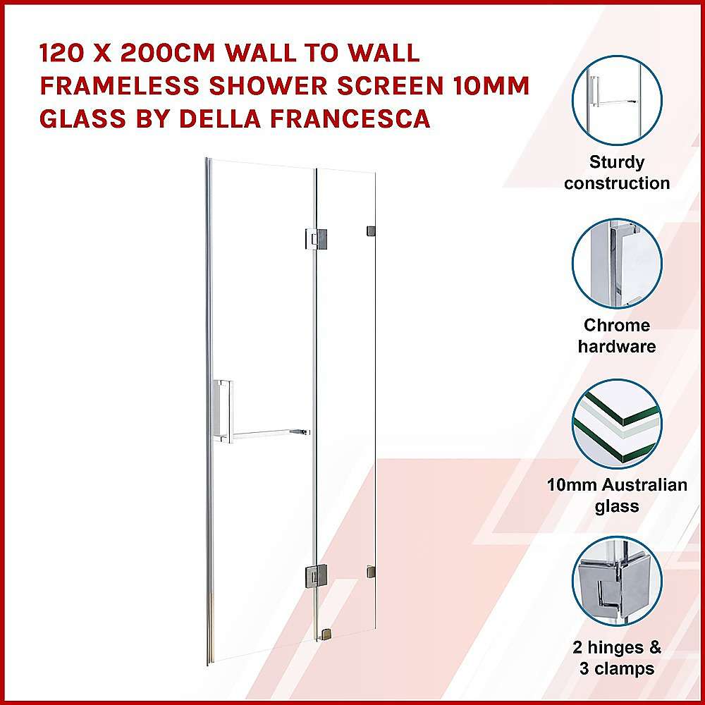 10mm Frameless Shower Screen 120x200cm - Wall to Wall Bathroom Glass Enclosure by Della Francesca | Perfect for Modern Bathrooms & Spa-Like Showers