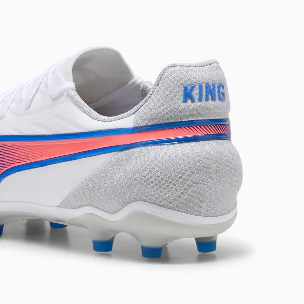 Puma King Match FG/AG Soccer Cleats for Men - White/Bluemazing/Light Grey Football Shoes - Perfect for Artificial Grass & Firm Ground Matches