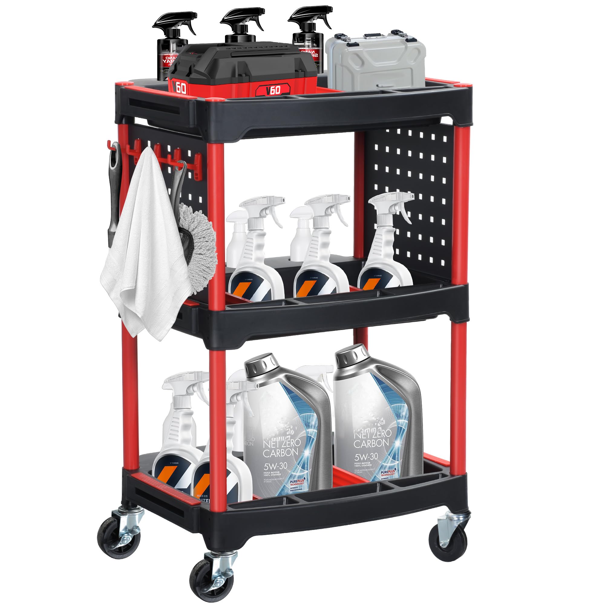 YITAHOME 3-Tier Auto Detailing Cart with Wheels - Rolling Car Wash Organizer with 2 Side Hanging Plates & Hooks - Portable Detailing Station for Garage, Workshop, Repair Shop - Perfect for Car Detailing, Mobile Washing & Tool Storage
