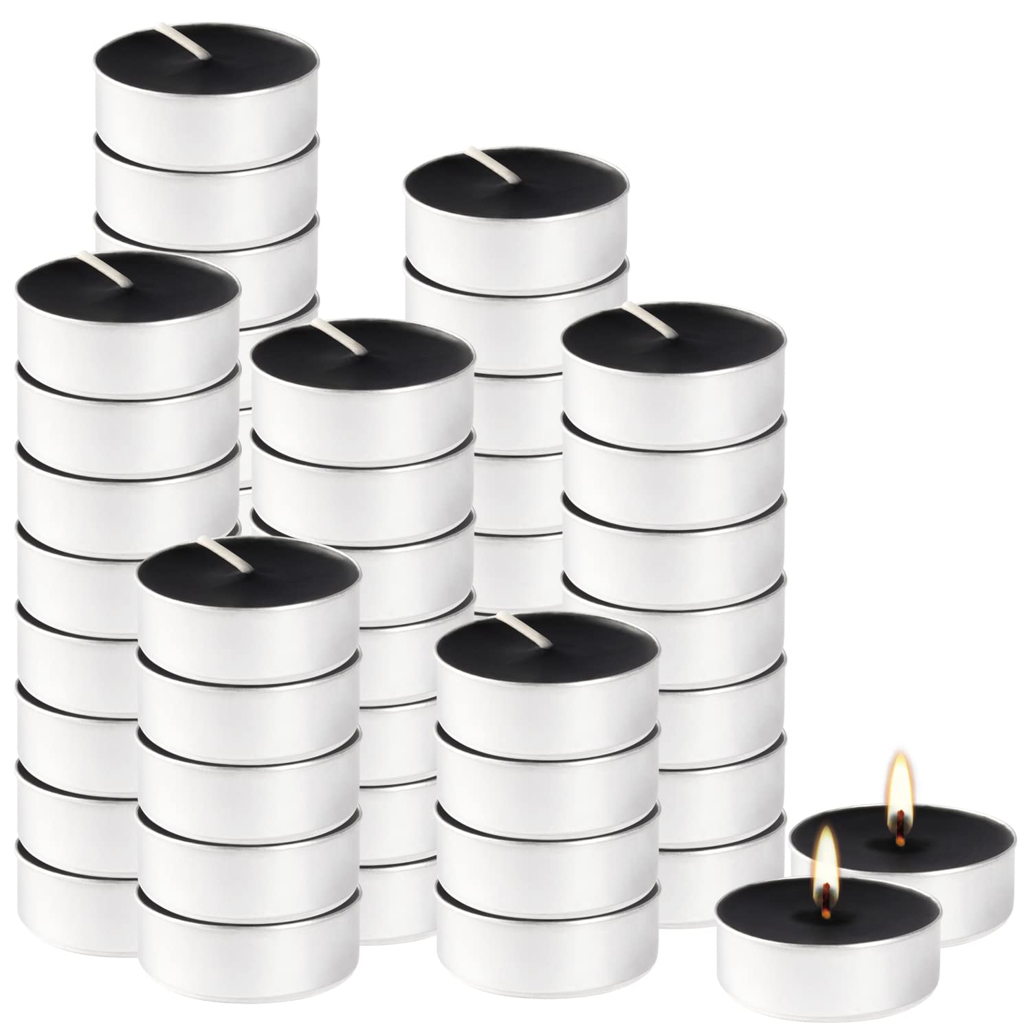 50 Unscented Black Tealight Candles - 4 Hour Burn Time - Perfect for Halloween Decor, Home Parties, Spa & Restaurant Ambiance, Wedding Favors & Romantic Dinners