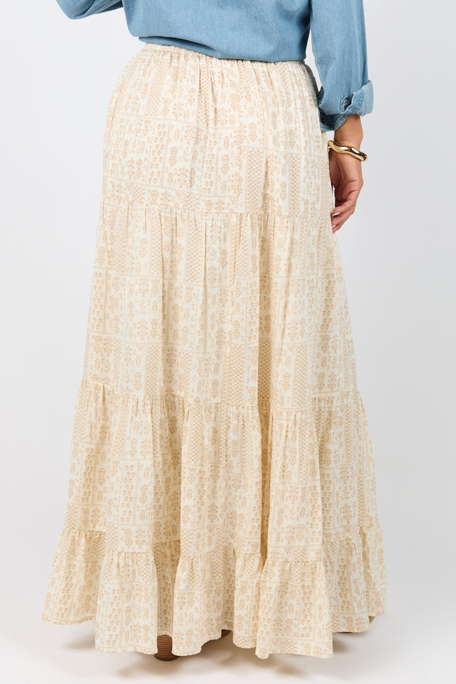 Elegant Ivory and Beige Printed Maxi Skirt for Women | Flowy Boho Beach Skirt | Perfect for Summer Vacations, Music Festivals & Casual Outings