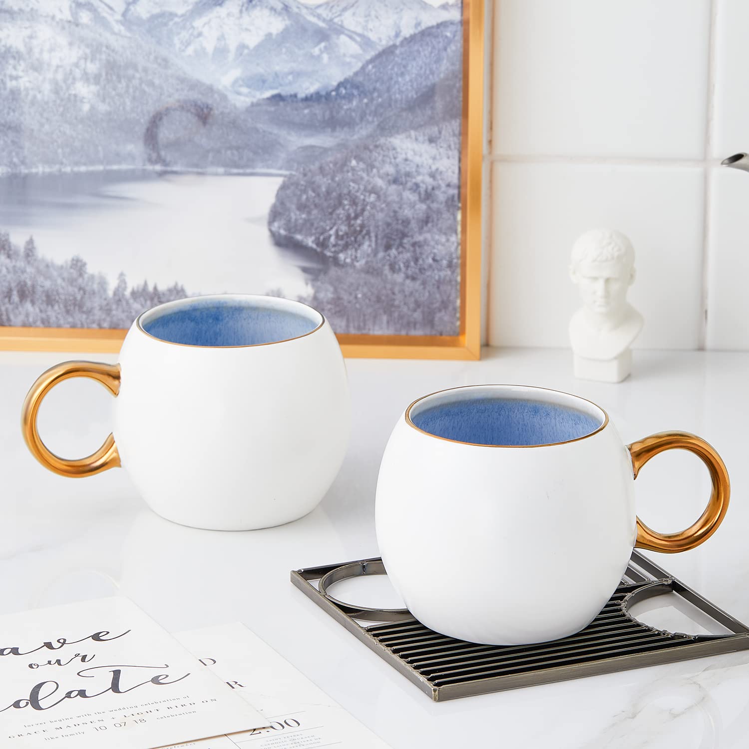 Josephine Blue Stone Lain Porcelain Dish Set - 4 Elegant Mugs for Coffee, Tea & Home Decor | Perfect for Dining, Gifting & Kitchen Essentials