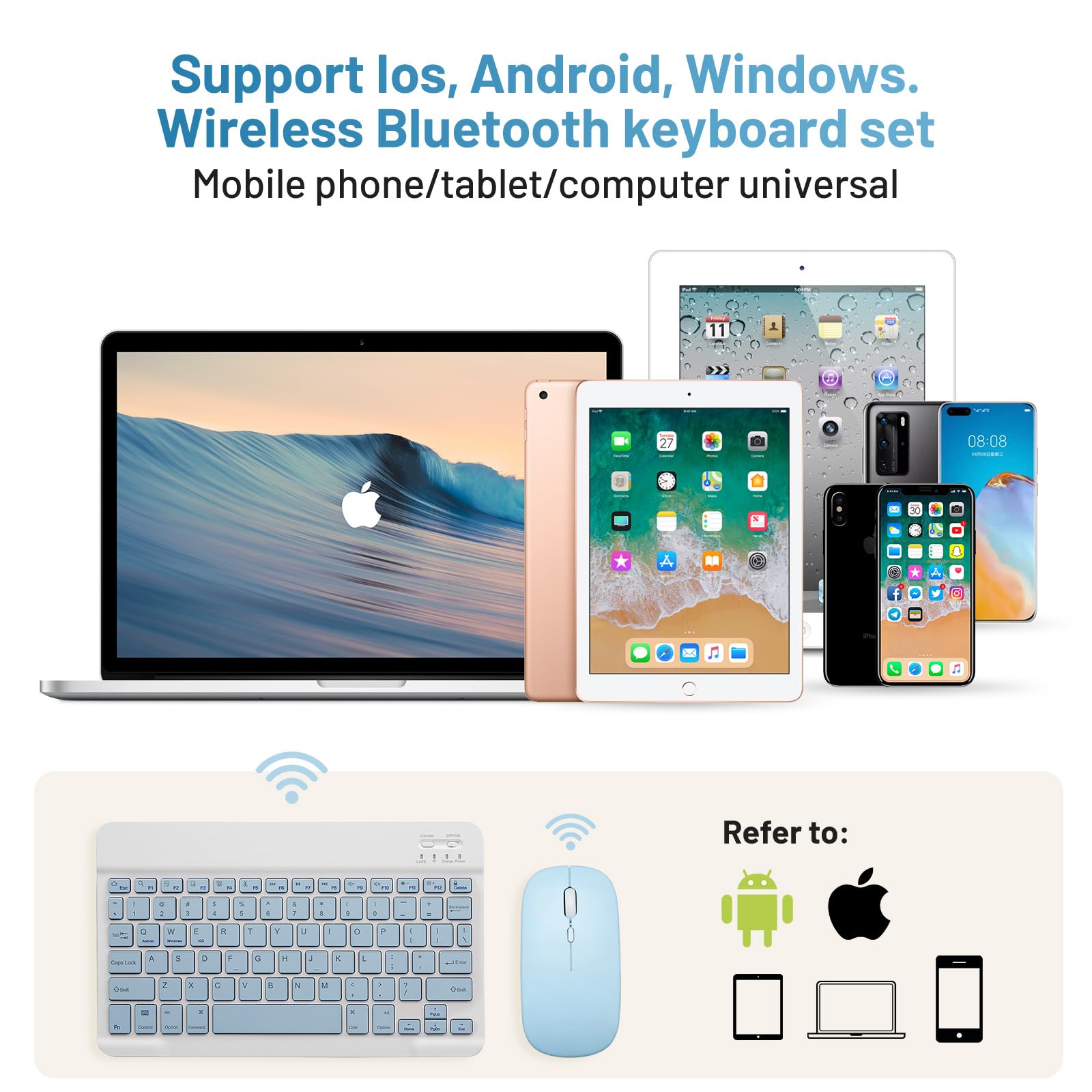 Rechargeable Bluetooth Keyboard and Mouse Combo - Wireless Portable Set for Apple iPad/iPhone (iOS 13+), Samsung Tablet, Android & Windows Devices (10-inch, Blue) - Perfect for Home Office, Remote Work & Travel
