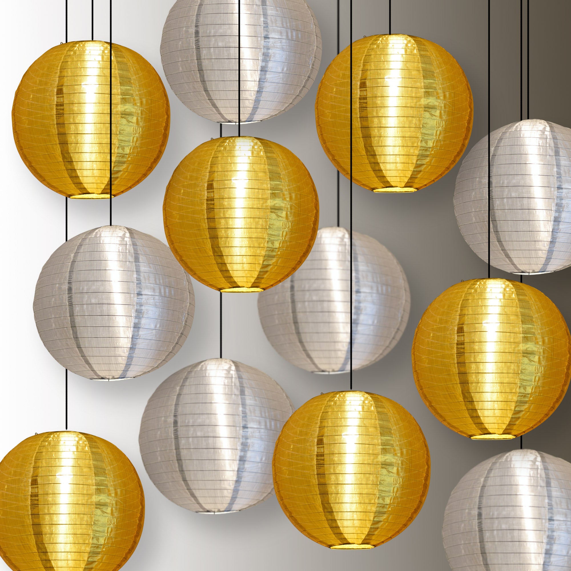 12 Pack Gold and Silver Nylon Lanterns - Durable Even Ribbing Hanging Decorations for Parties, Weddings & Outdoor Events
