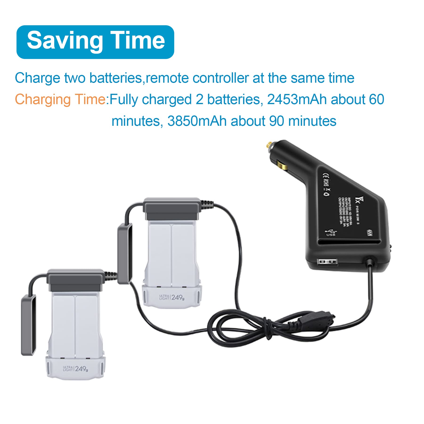 DJI Mini 3 Pro/Mini 4 Car Charger - 3-in-1 Fast Charging for 2 Batteries & Remote Control | Portable Travel Charger for Drone Accessories (Not Compatible with Mavic Mini/Mini 2) | Perfect for Road Trips & Outdoor Adventures