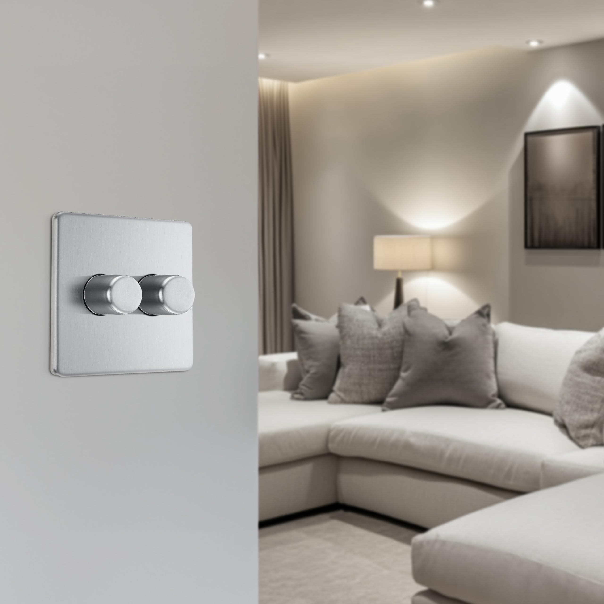 BG Electrical Smart 2-Way Double Wall Dimmer Switch - Screwless Flat Plate, Brushed Steel Finish, 200W, FBS82 - Perfect for Modern Homes & Smart Lighting Control