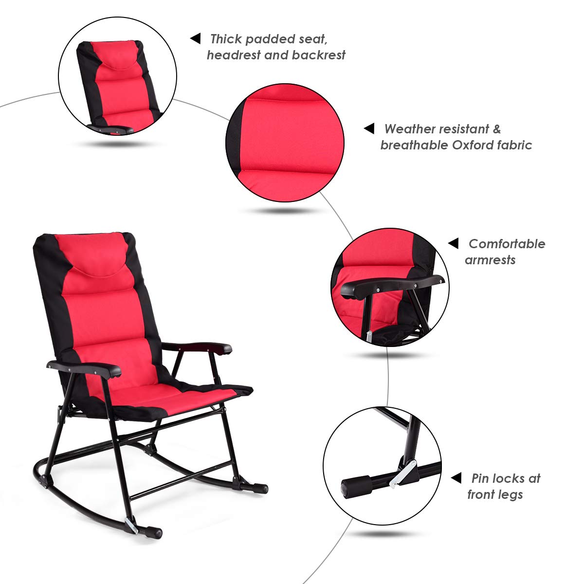 Tangkula 3-Piece Folding Bistro Set with Rocking Chairs & Round Table - Outdoor Patio Furniture for Backyard, Garden, Poolside, Porch - Red - Perfect for Relaxing, Entertaining & Small Space Living