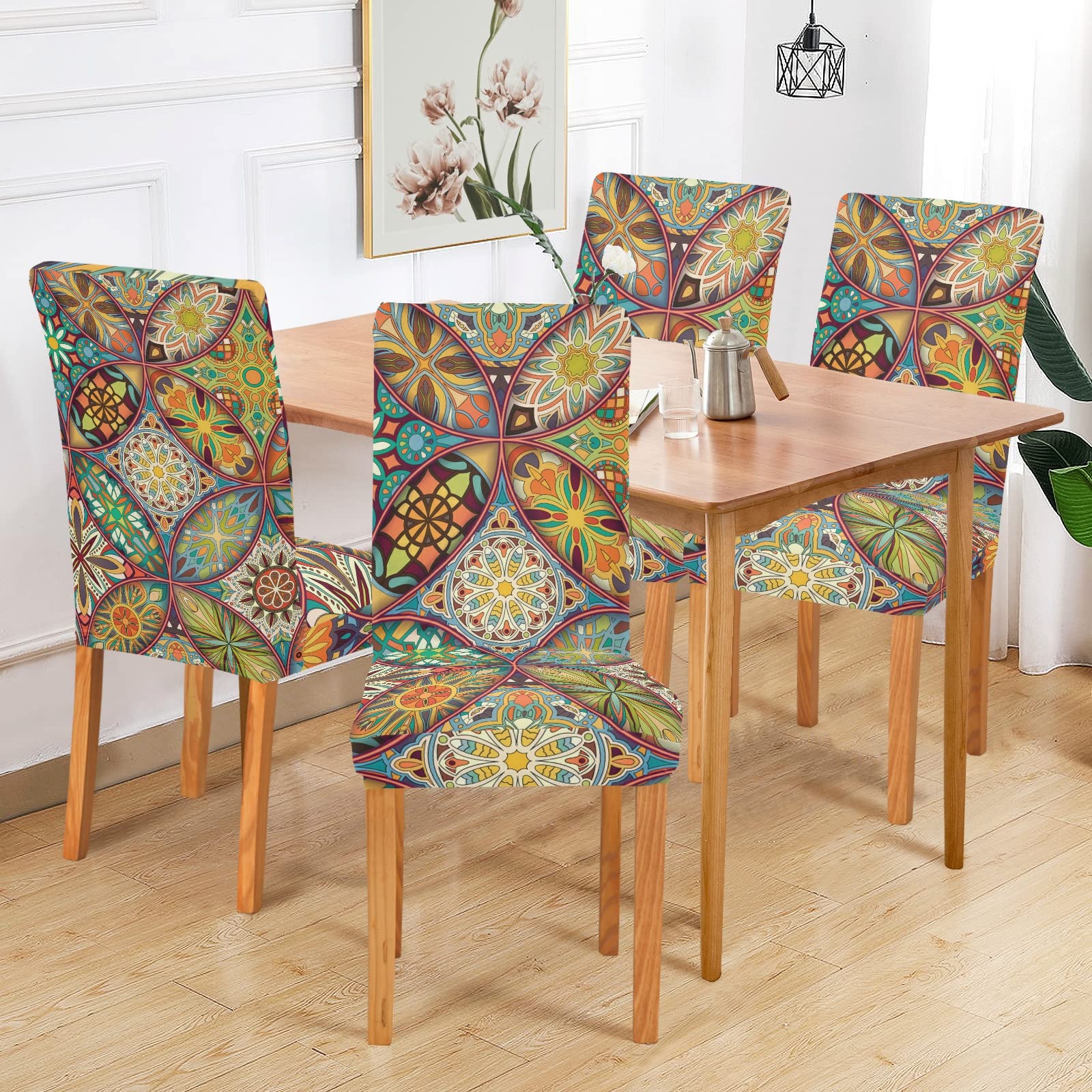 Ethnic Floral Mandala Dining Chair Covers Set of 2 - Washable & Stretchable Slipcovers for Dining Room, Wedding, Party & Office Decor - Perfect for Home, Ceremony & Holiday Gatherings