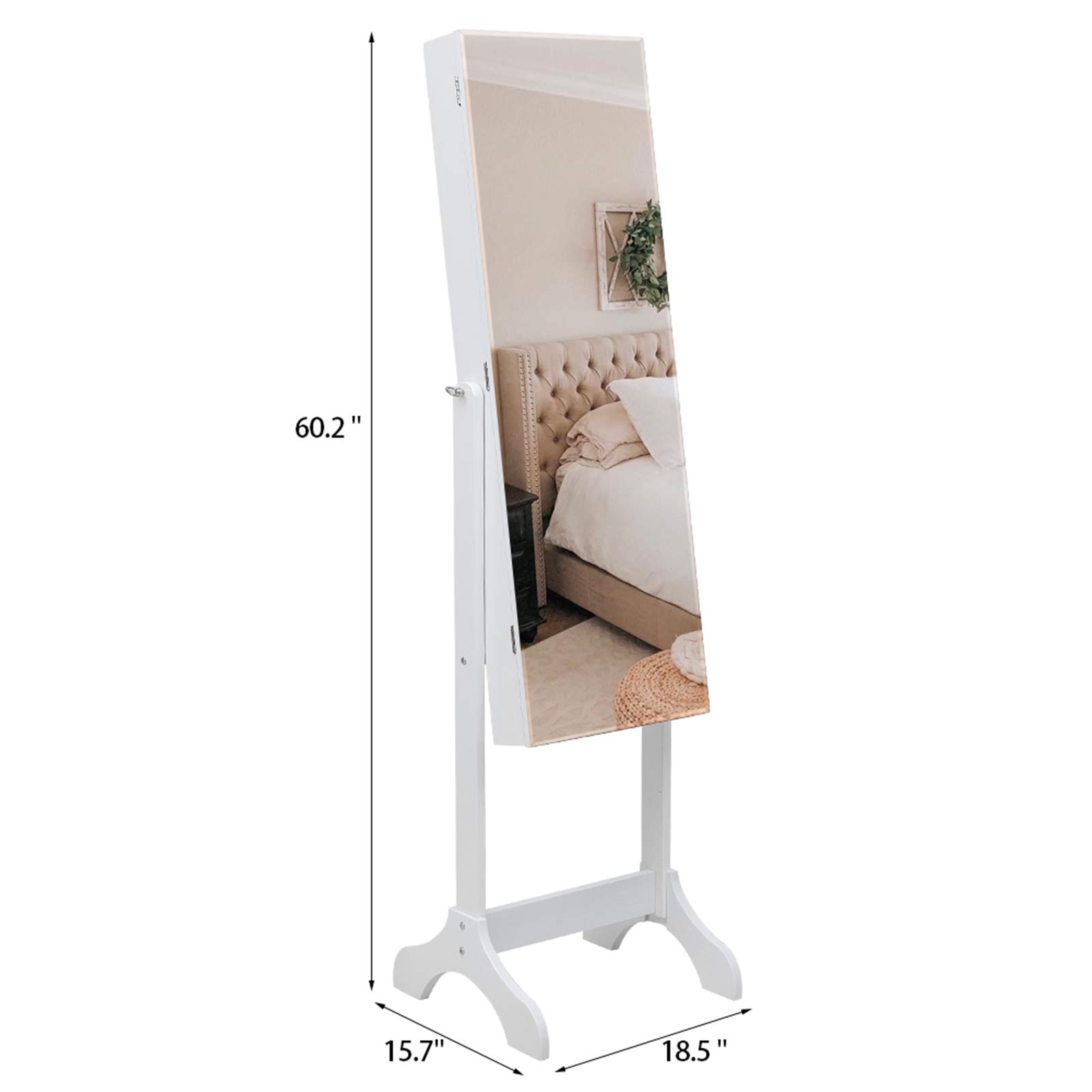 Full Length Mirror with Wooden Frame & 4-Tier Adjustable Shelf - Jewelry Storage Cabinet with 2 Drawers & Inner Mirror - White - Perfect for Bedroom, Dressing Room & Closet Organization