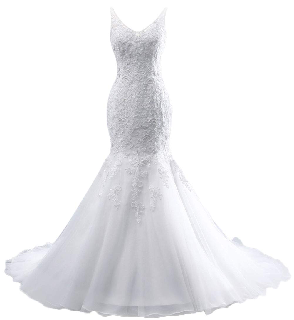 Elegant Mermaid Wedding Dress with Lace V-Neck Trumpet Gown – Perfect for Bridal, Beach, and Church Ceremonies