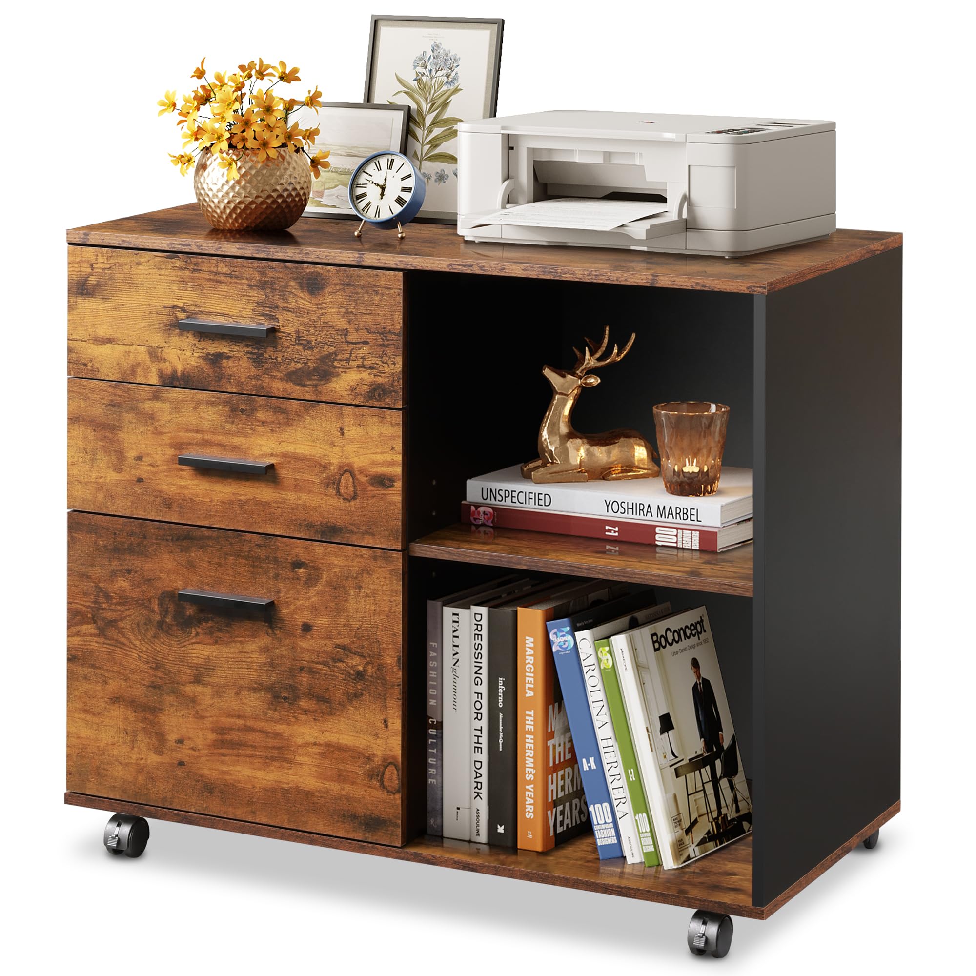 DEVAISE 3-Drawer Mobile File Cabinet - Wooden Lateral Filing Cabinet with Open Shelves, Printer Stand for Home Office - Rustic Brown Storage Organizer for Documents, Supplies & Office Essentials | Perfect for Small Spaces, Home Offices & Workspaces