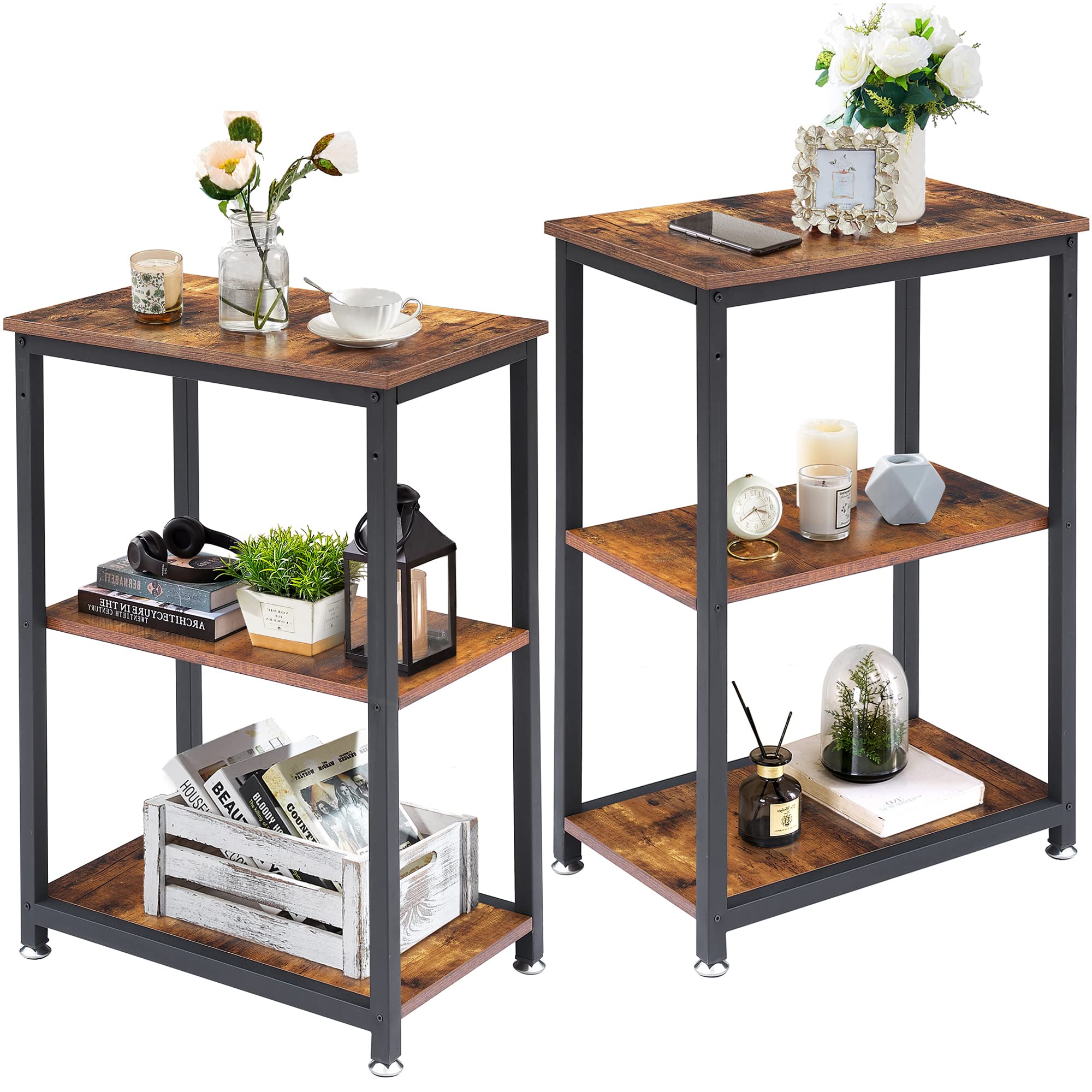 VECELO 3-Tier Industrial End Table with Large Storage - Space Saving Nightstand & Sofa Table for Living Room & Bedroom (Set of 2, Brown) | Perfect for Small Spaces, Apartment Decor & Modern Home Organization