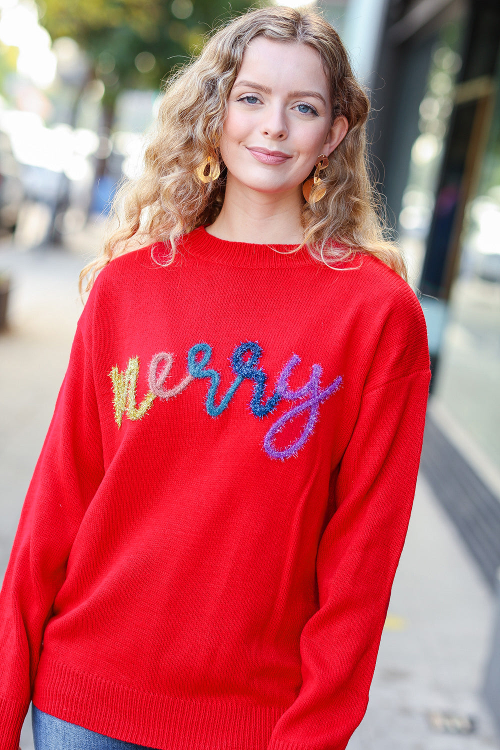 More The Merrier Red Pop Up Lurex Sweater - Women's Sparkly Holiday Party Knitwear for Christmas & New Year Celebrations