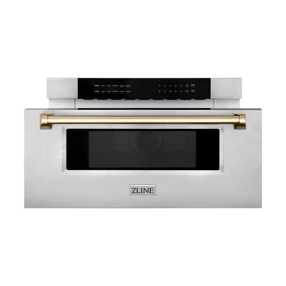 ZLINE Autograph Edition 30 Inch Built-In Microwave Drawer - 1.2 cu ft Stainless Steel with Polished Gold Accents (MWDZ 30 G) - Perfect for Modern Kitchens, Luxury Homes & High-End Renovations