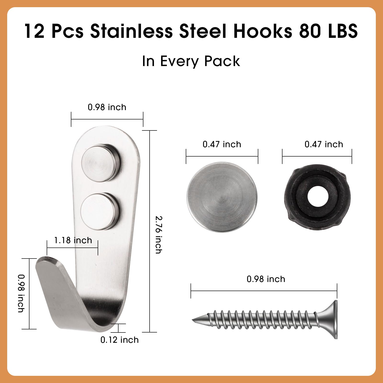 12 Pack Heavy Duty Stainless Steel Hooks - Wall Mounted Coat Hooks, Robe Hooks & Towel Hooks for Bathroom, Kitchen, Garage, Office & Outdoor Use | Durable Silver Finish for Keys, Decor & Organization