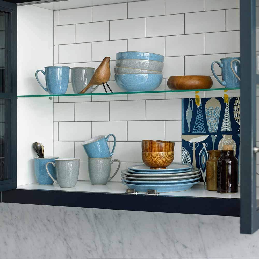 Denby Elements Blue 12-Piece Ceramic Dinnerware Set - Microwave & Dishwasher Safe Plates & Bowls - Elegant Tableware for Everyday Dining & Entertaining