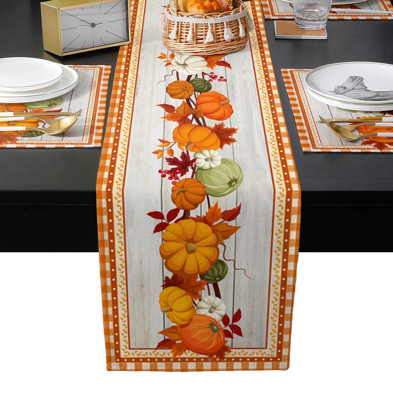6-Piece Washable Linen Burlap Placemats Set with Matching Table Runner - Rustic Orange Plaid Autumn Leaf Design for Thanksgiving & Family Dinners - Perfect for Kitchen, Dining Table, and Holiday Decor