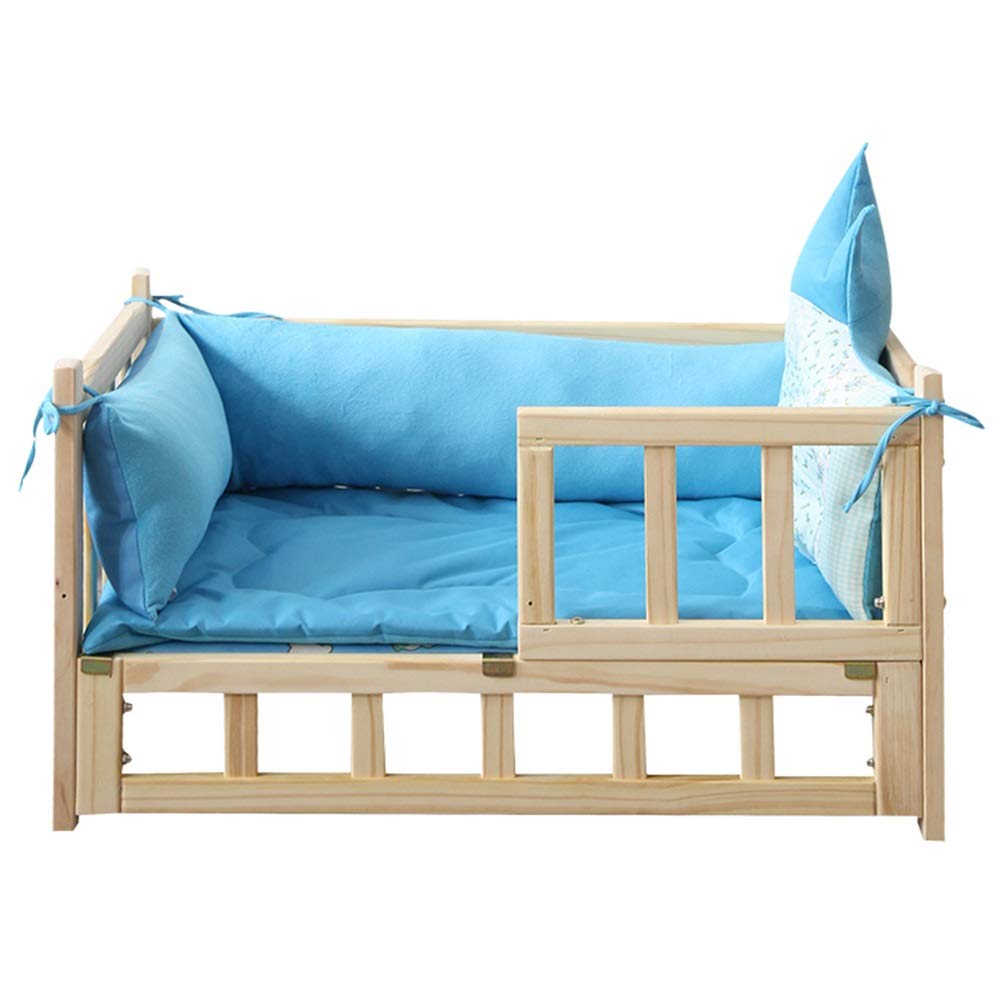LXLA Heavy Duty Elevated Dog Bed - Wooden Pet Cot with Washable Breathable Mattress & Edge Guardrail, Blue Medium 60×38×42cm - Perfect for Indoor/Outdoor Use, Backyard, Camping & Travel