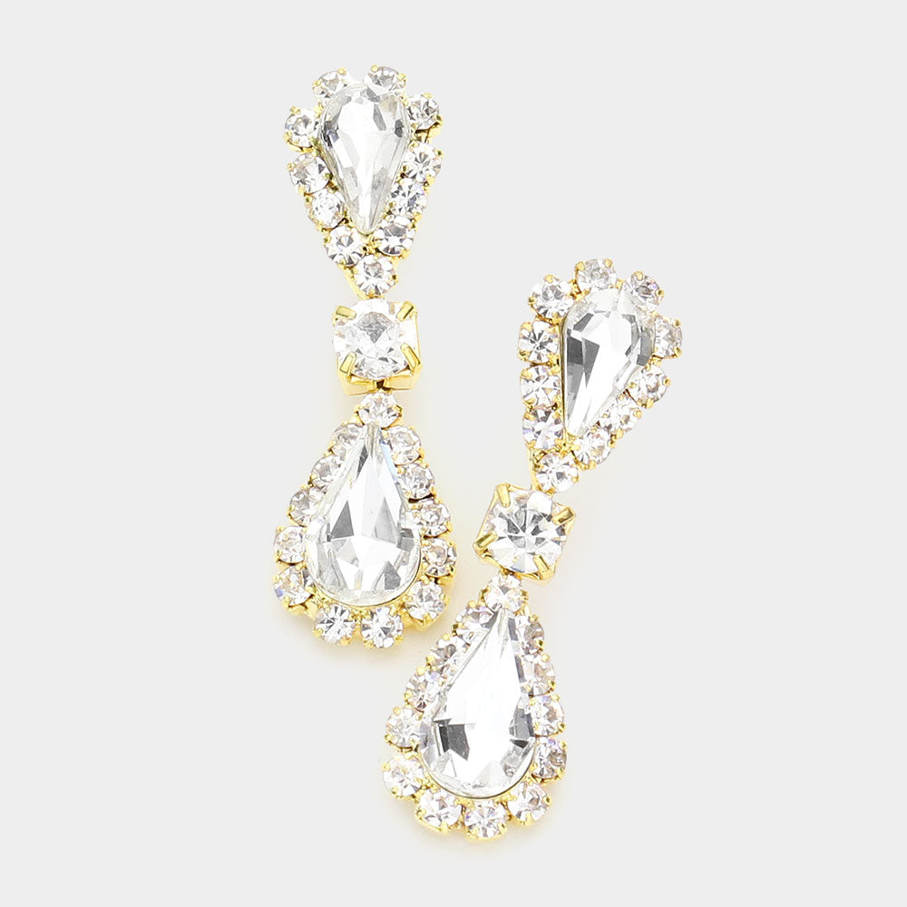 Sparkling Clear Double Teardrop Rhinestone Earrings for Girls - Gold Pageant Jewelry | Elegant Small Stud Earrings for Kids | Perfect for Dance Recitals, Pageants & Special Occasions