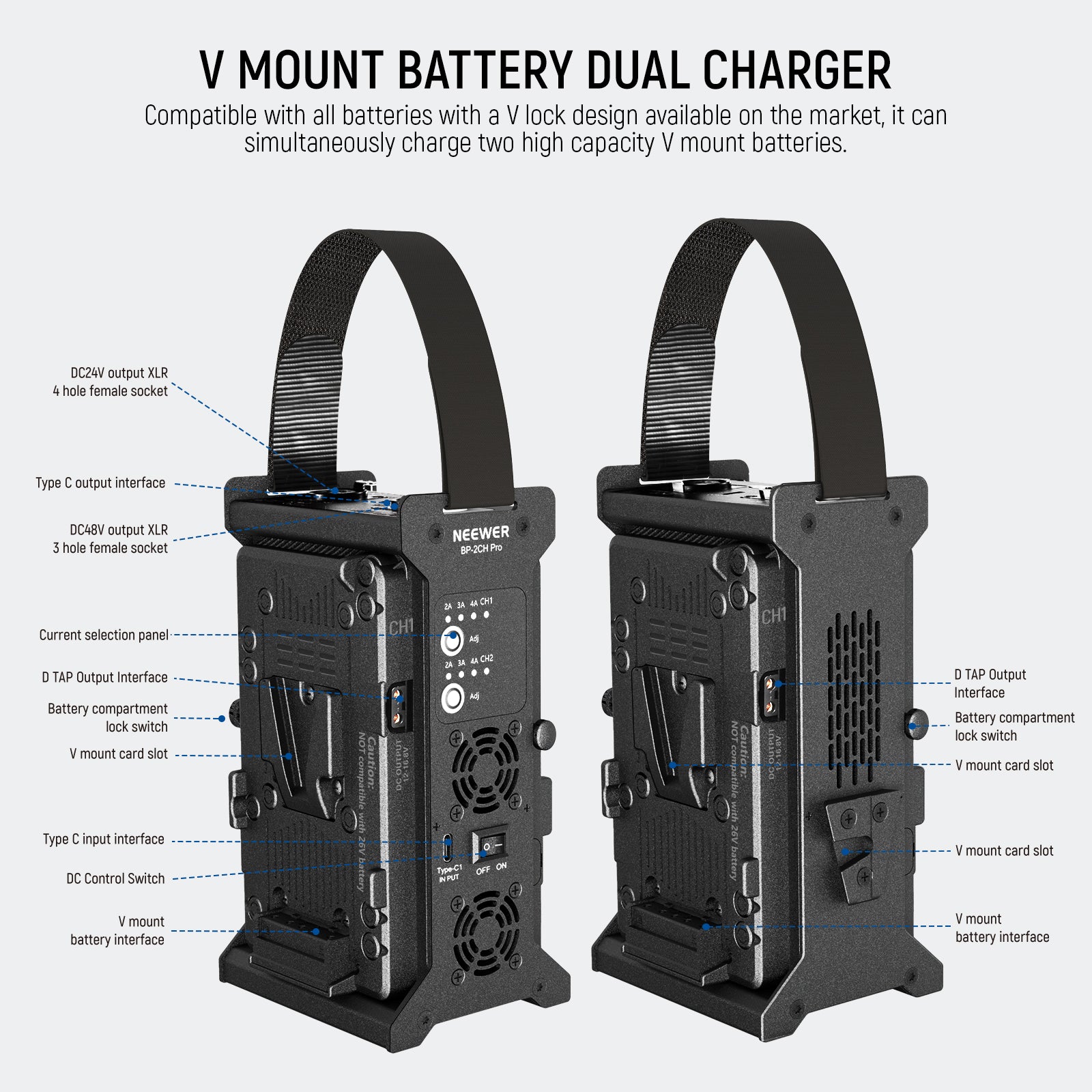 NEEWER BP 2CH Pro V Mount Dual Channel 100W PD Fast Battery Charger for DSLR Cameras & Video Equipment - Perfect for On-Location Photography & Film Production
