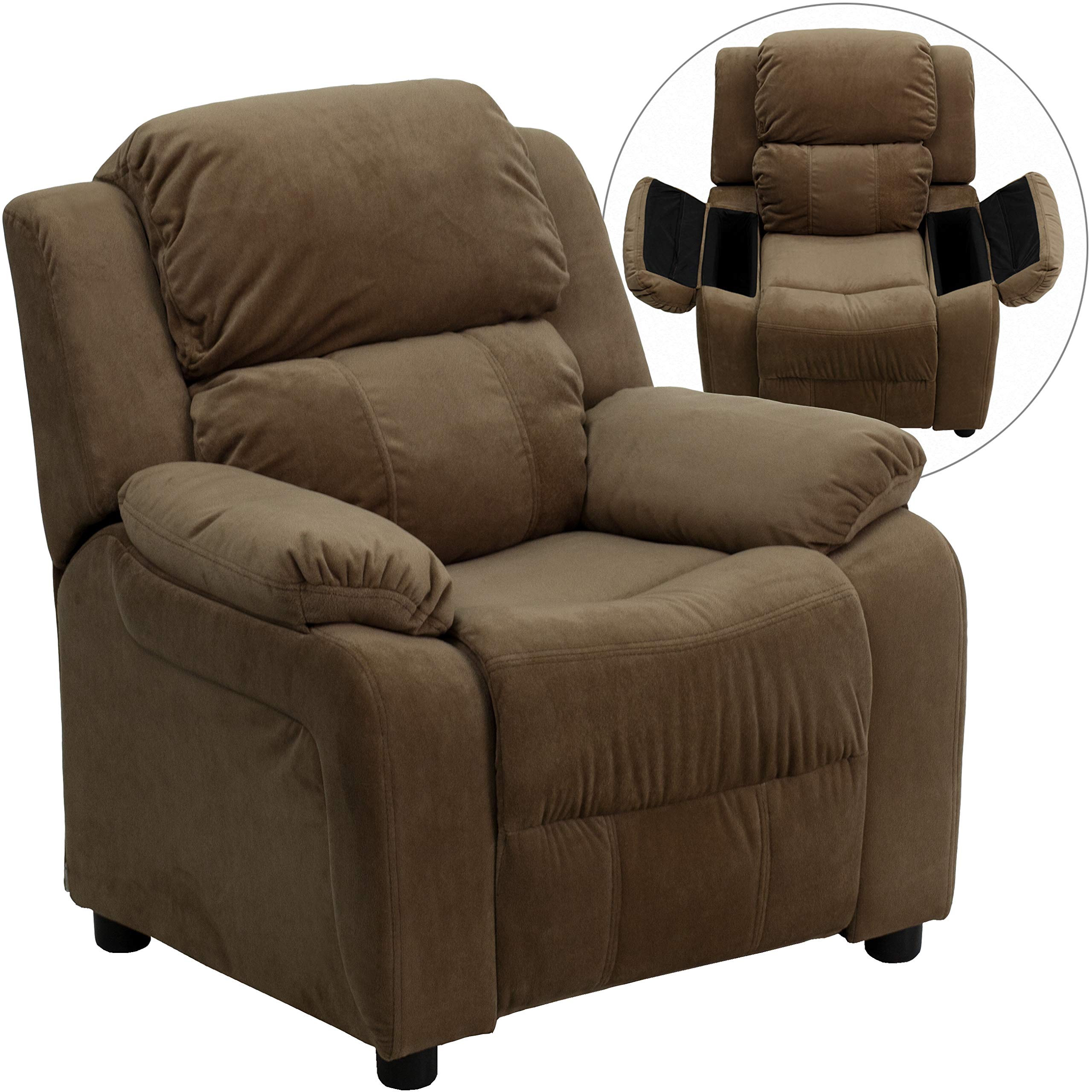 EMMA + OLIVER Deluxe Padded Brown Microfiber Kids Recliner Chair with Storage Arms - Comfortable Children's Lounge Chair for Bedroom, Playroom & Movie Nights