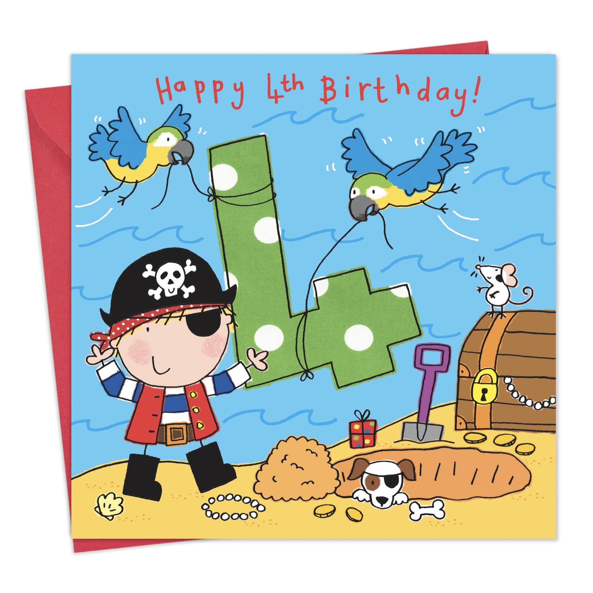 Twizler Pirate-Themed 4th Birthday Card for Boys - Happy Birthday Greeting Card for 4 Year Old - Kids Birthday Party Invitation & Celebration - Perfect for Pirate Parties & Gift Giving