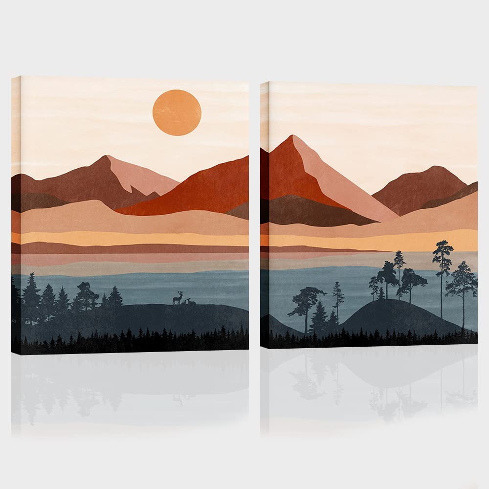 Boho Print Mid Century Minimalist Art Prints - Sunset Landscape Wall Art, Modern Abstract Canvas for Living Room, Bedroom & Kids Room Decor - Set of 2 Framed Posters (24x36 inches) - Perfect for Home, Office & Gift Giving