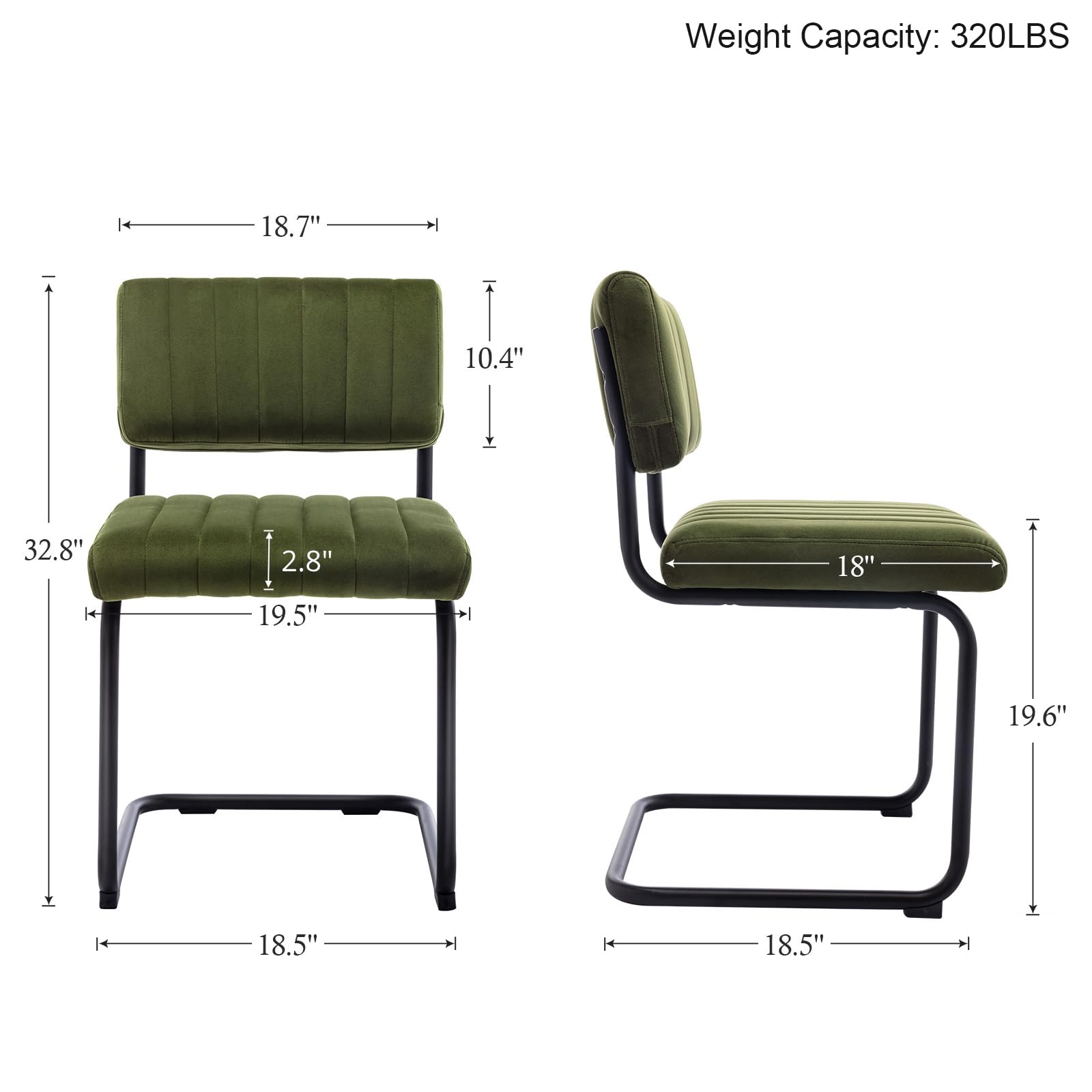 ONEVOG Mid Century Modern Dining Chairs Set of 2 - Green Velvet Upholstered Kitchen Chairs with Tufted Backs, Wide Seat & Metal Legs - Stylish Armless Cantilever Chairs for Dining Room, Kitchen, Living Room & Office