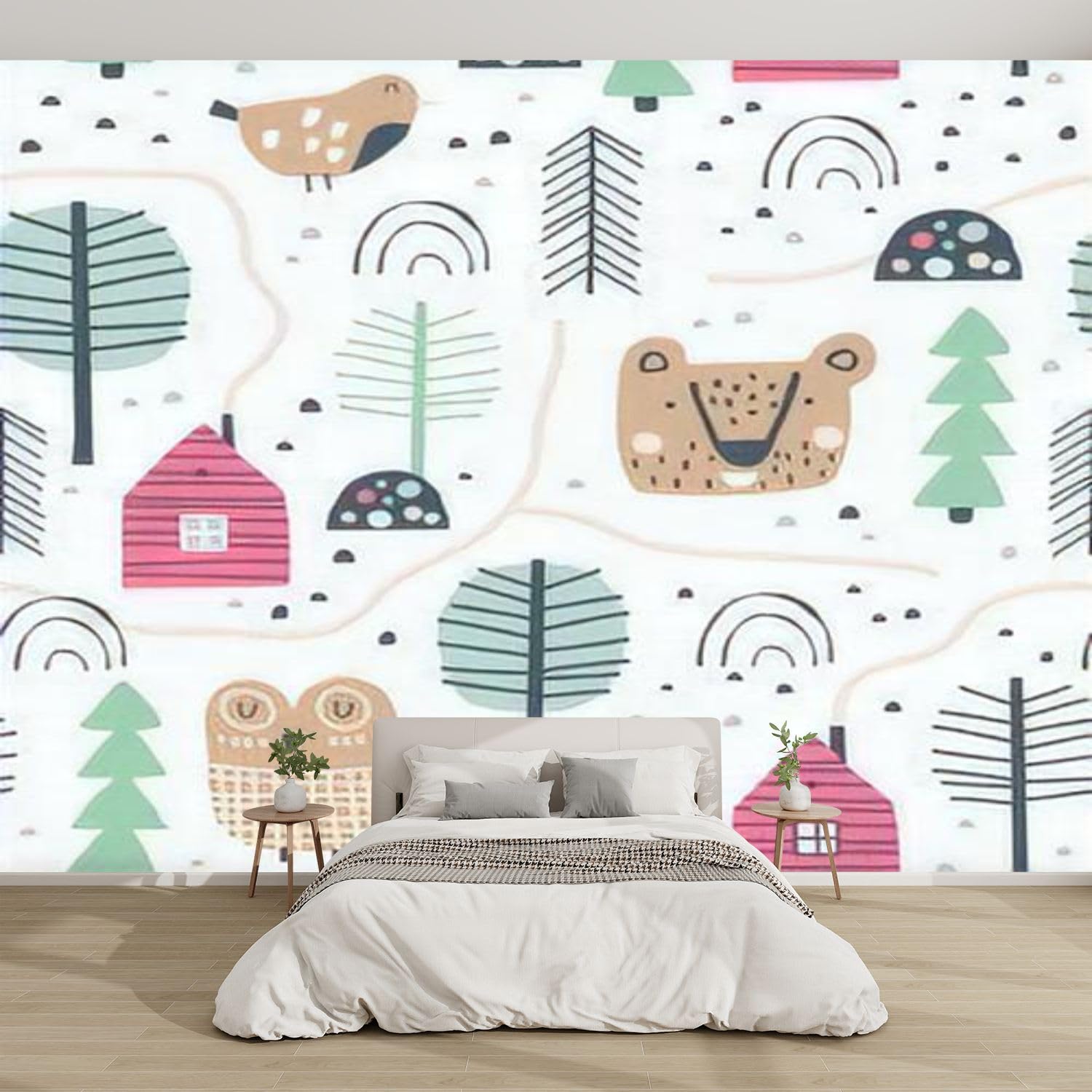 3D Modern Peel and Stick Wallpaper - Cute Animal & Tree Scandinavian Style Hand-Drawn Removable Wall Mural for Living Room, Kids Bedroom Decor | Easy DIY Home Decoration, Nursery Wall Stickers, Rental Friendly Wall Covering