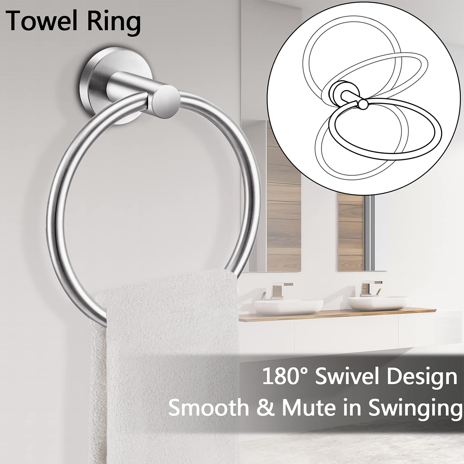 Pynsseu Brushed Nickel Toilet Paper Holder and Towel Ring Set - 2 Piece SUS 304 Stainless Steel Bathroom Hardware - Wall Mounted for Bathroom, Powder Room & Guest Bath Decor