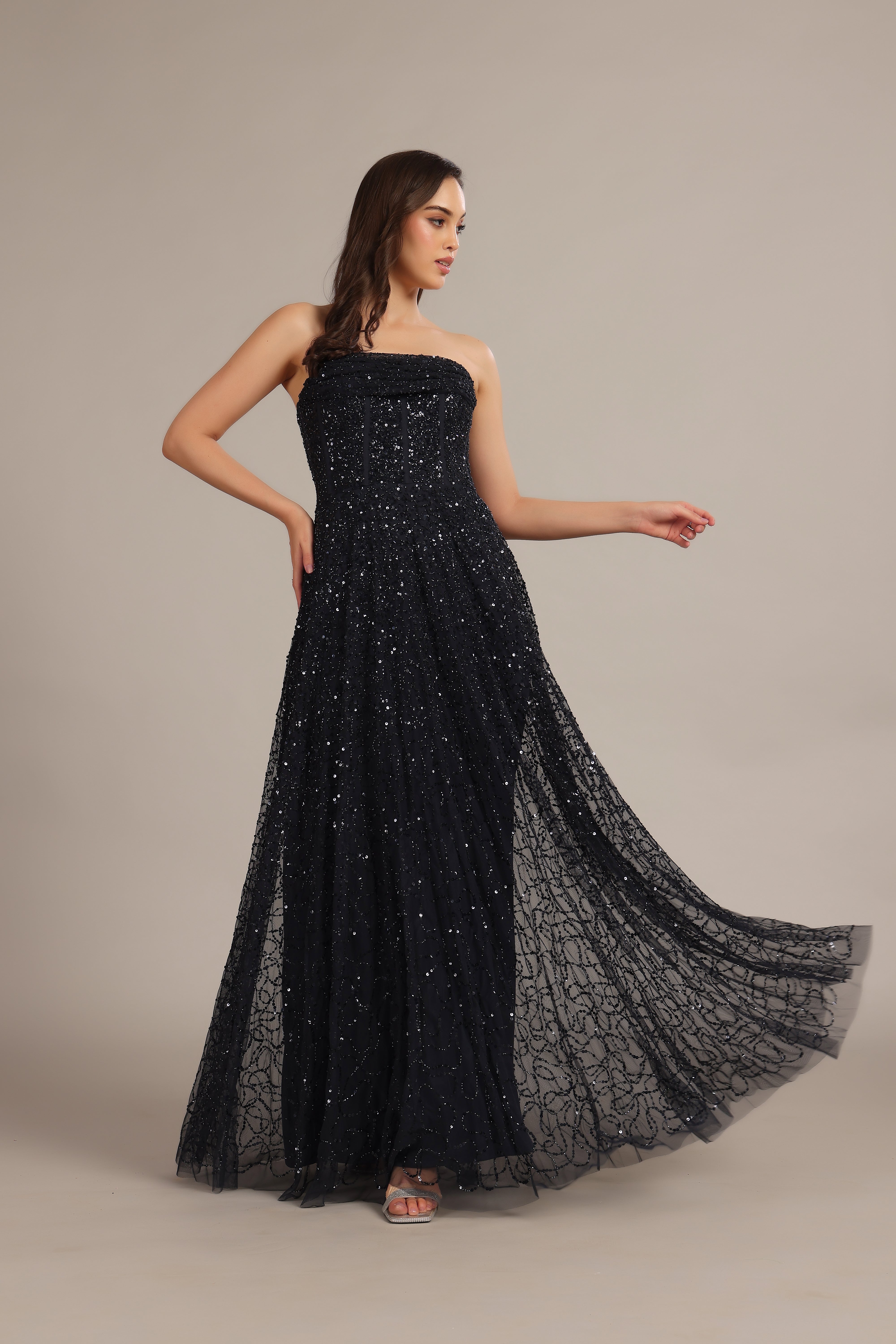 Leona Navy Blue Embellished Maxi Dress for Women - Elegant Evening Gown for Weddings, Parties & Special Occasions