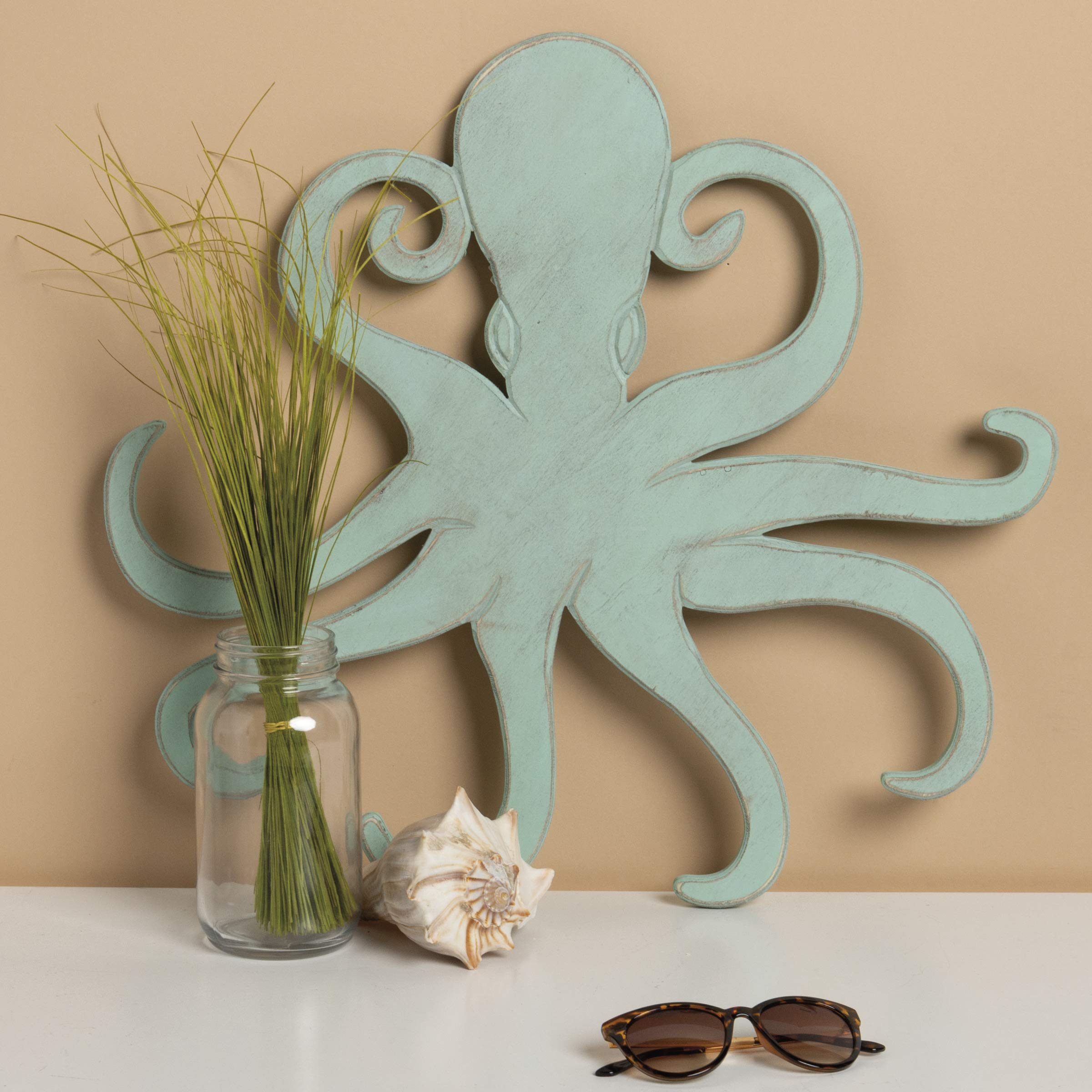 Primitives by Kathy Coastal Beach House Shaped Wall Decor with Octopus Design - 21.5 x 20 Inches Rustic Home Decor for Living Room, Bedroom, or Beach House