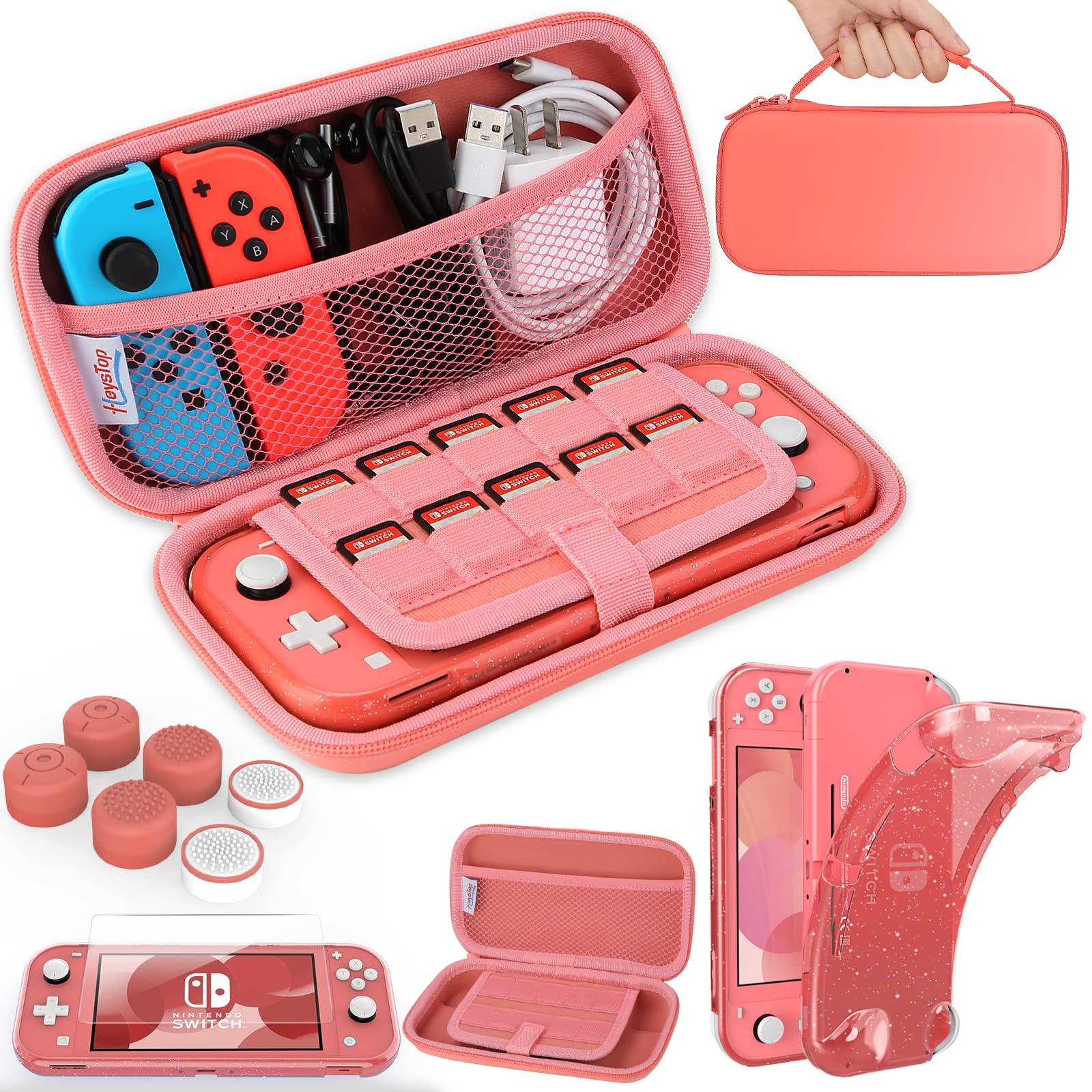 HEYSTOP Nintendo Switch Lite Carrying Case with Soft Glitter TPU Protective Cover, 6 Thumb Grip Caps & Game Card Holder - Pink Accessories Kit for Travel, Gaming On-The-Go and Switch Lite Protection