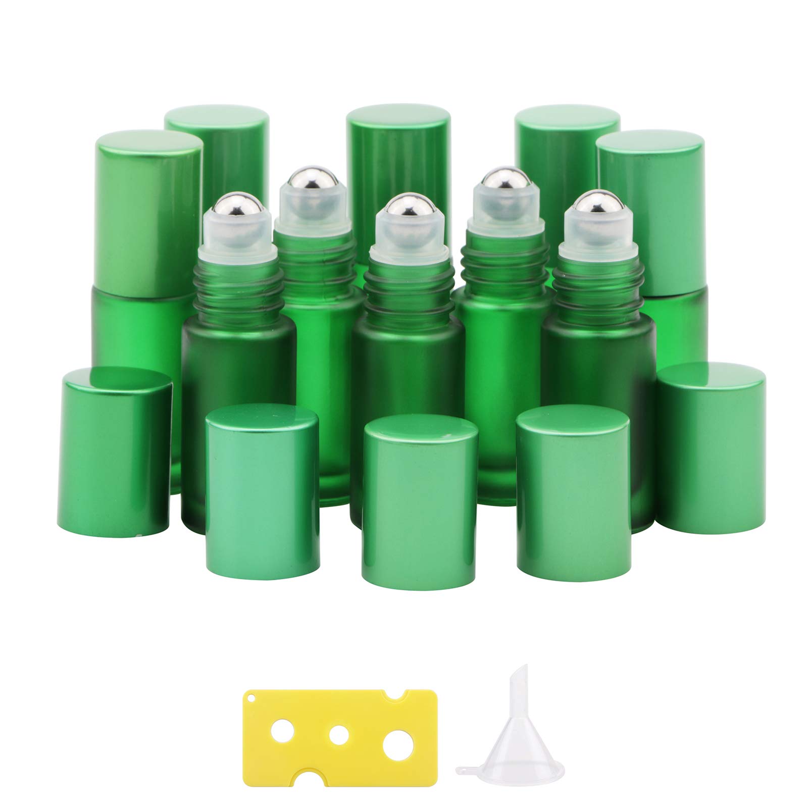 Kesell 10-Pack 5ml Empty Glass Roll On Bottles with Stainless Steel Roller Balls - Green Essential Oil Containers for Aromatherapy, DIY Blends & Travel Skincare