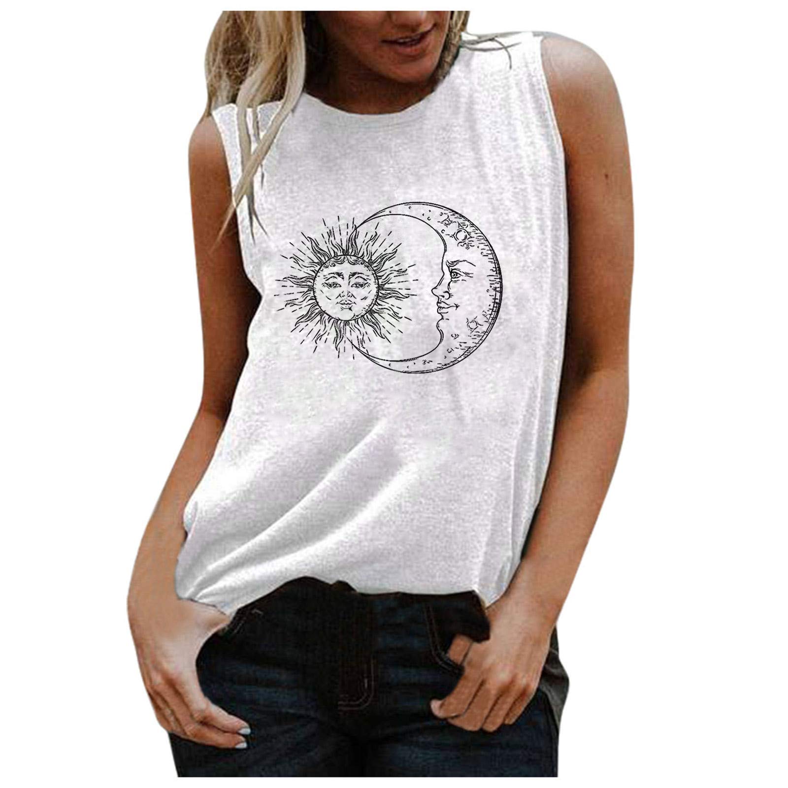 Women's Plus Size O-Neck Sun Moon Print Sleeveless Casual Loose Vest Top - Summer Beach Wear, Street Fashion & Vacation Outfit