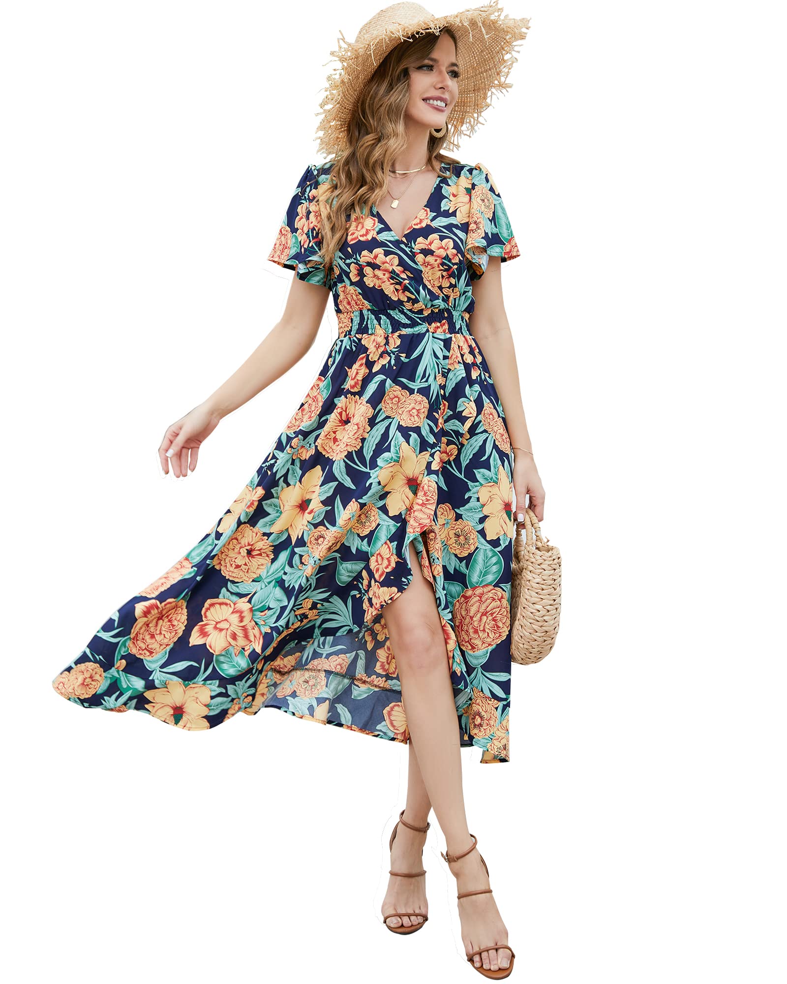 Iiofy Women's Bohemian Summer Dresses - Casual Short Sleeve Floral Print Sundress & Maxi Dress for Beach, Vacation & Outdoor Activities