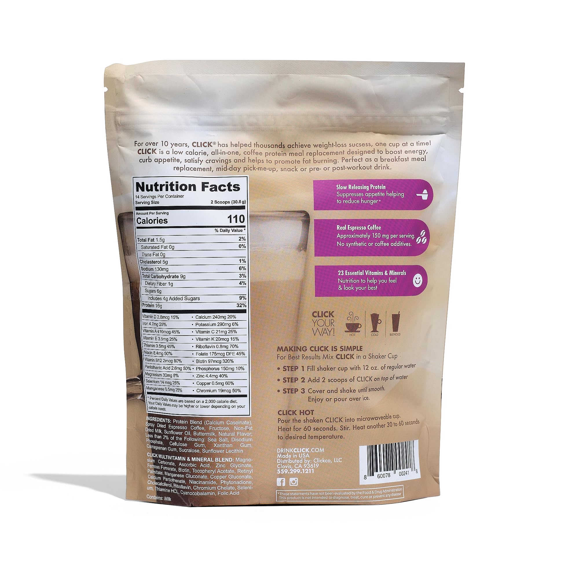 Click Coffee Protein Powder - Double Shot Espresso with 16g Protein & 23 Vitamins | Low Calorie Meal Replacement Shake | 150mg Caffeine, Gluten Free, No Artificial Flavors | Vanilla Flavor | Perfect for Post-Workout Recovery & Busy Mornings