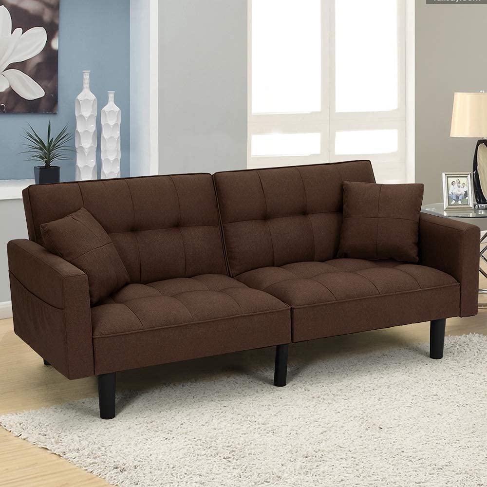 Modern Linen Convertible Futon Sofa Bed - Foldable Recliner Couch with Adjustable Back & Armrests for Living Room, Bedroom, Guest Room - Brown (Perfect for Small Spaces & Overnight Guests)